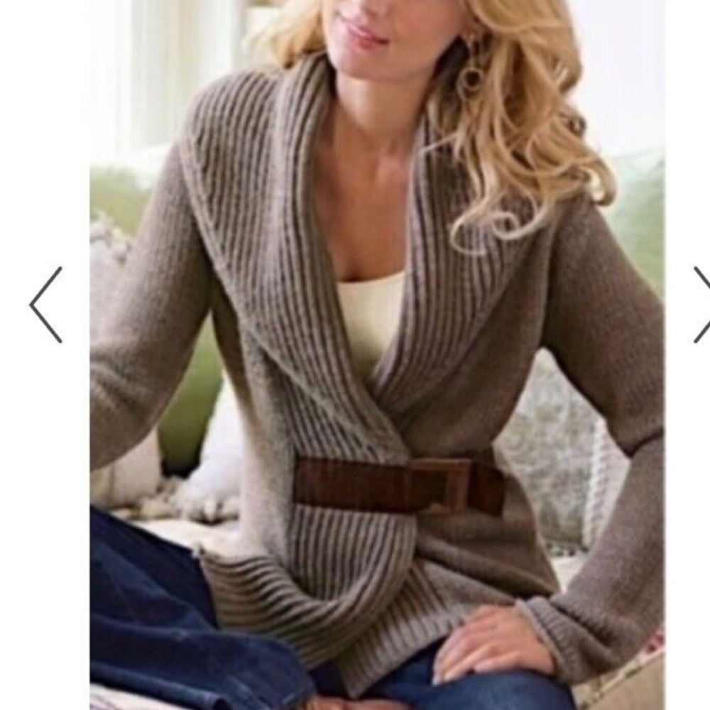 Soft Surroundings Wool Blend Shawl Collar Suede Accent Wrap Sweater Taupe sz M